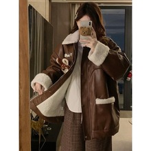 300斤大码女装pu皮衣羊羔毛外套女冬季新款加绒机车棉服