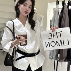 the limon柠檬绿茶2025秋季新款法式纯色简约V领长袖衬衫女上衣