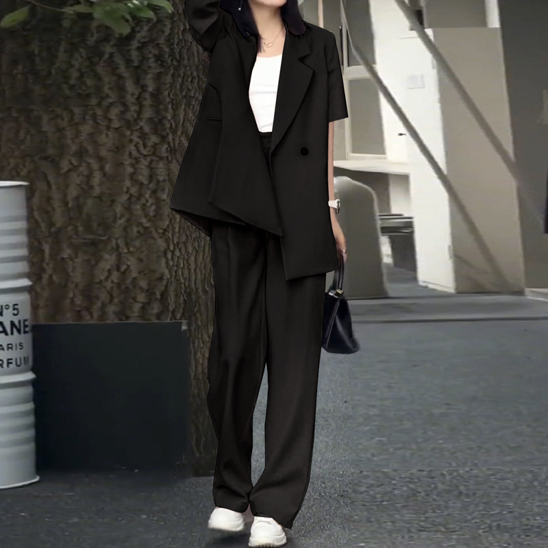 Women's Clothing Summer thin suit wide leg pants suit women's large size women's clothing fat MM 200 pounds loose short sleeved suit jacket_voghion.com