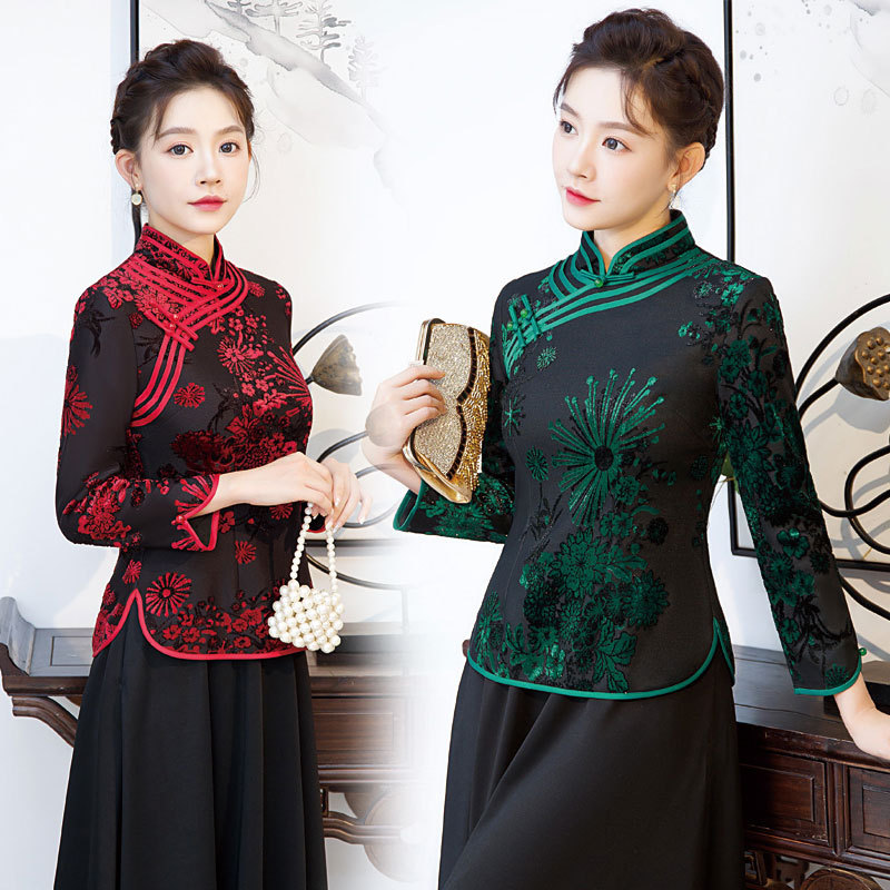 Middle-aged mother's spring and autumn cheongsam top women's short Tang suit small shirt Western style spring new base shirt for the elderly