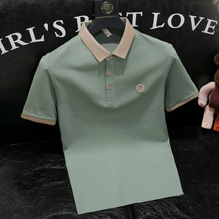 2025 Summer Ice Silk Classy Embroidered Polo Shirt British Men's Slim Short-Sleeved Contrast Lapel T-Shirt Top