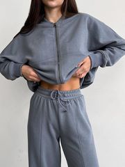 欧美2025女装春秋季新款时尚套装纯色拉链开衫长袖直筒裤薄款套装