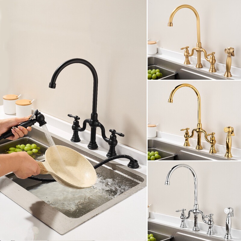 All-Copper American-Style Vintage Dual-Handle Bridge-Type Hot and Cold Water Faucet for Kitchen, Embedded in Ceramic Basin Sink with Spray Gun