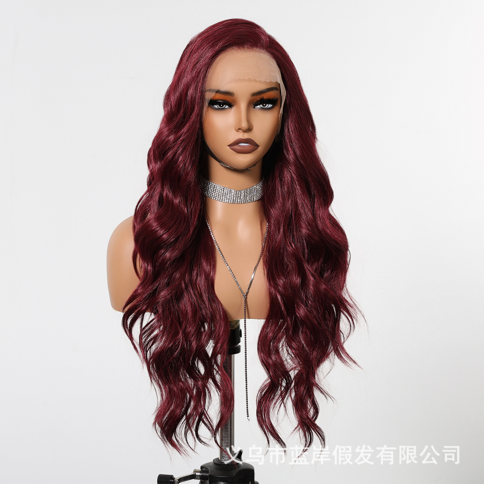 Nuevo producto transfronterizo 13*6 peluca de encaje de área grande, seda mate importada de alta temperatura, rojo vino, rizos largos de costura libre
