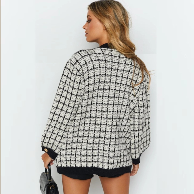 Knitted Coat Women Cardigan Plaid Loose Korean Style Spring and Autumn Sweater 2021 New Thickened  Western Style Outerwear in Cardigans