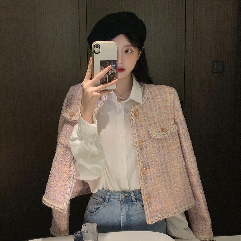 2025 Pink Tweed Jacket for Women, New Korean Style Sweet Socialite Style, Age-Reducing Short Coat for Spring and Autumn