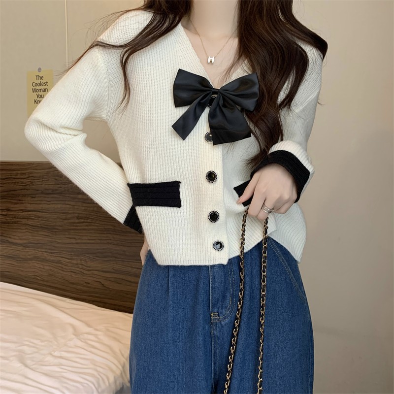 Primavera Chanel estilo arco cardigan de punto para las mujeres 2023 nuevo suave dulce chic con cuello en V suéter abrigo