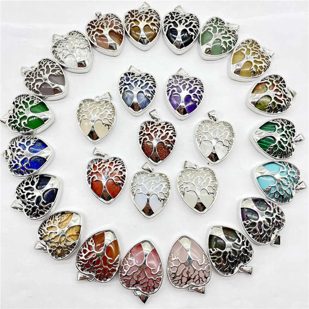 Foreign trade hot sale natural stone crystal agate heart-shaped alloy fortune tree life tree peach heart pendant necklace accessories