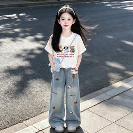 女童夏装2026新款女大童牛仔套装初中生夏季女孩短袖长裤两件套