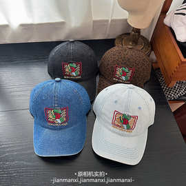 2026春做旧重磅刺绣鸭舌帽卡通萨克斯鳄鱼刺绣日系水洗棒球帽遮阳