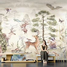 卡通手绘森林动物壁画儿童房壁纸现代简约卧室背景墙布游乐场墙纸