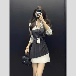 2025夏季法式小个子大方得体高级感气质收腰灰色假两件衬衫连衣裙