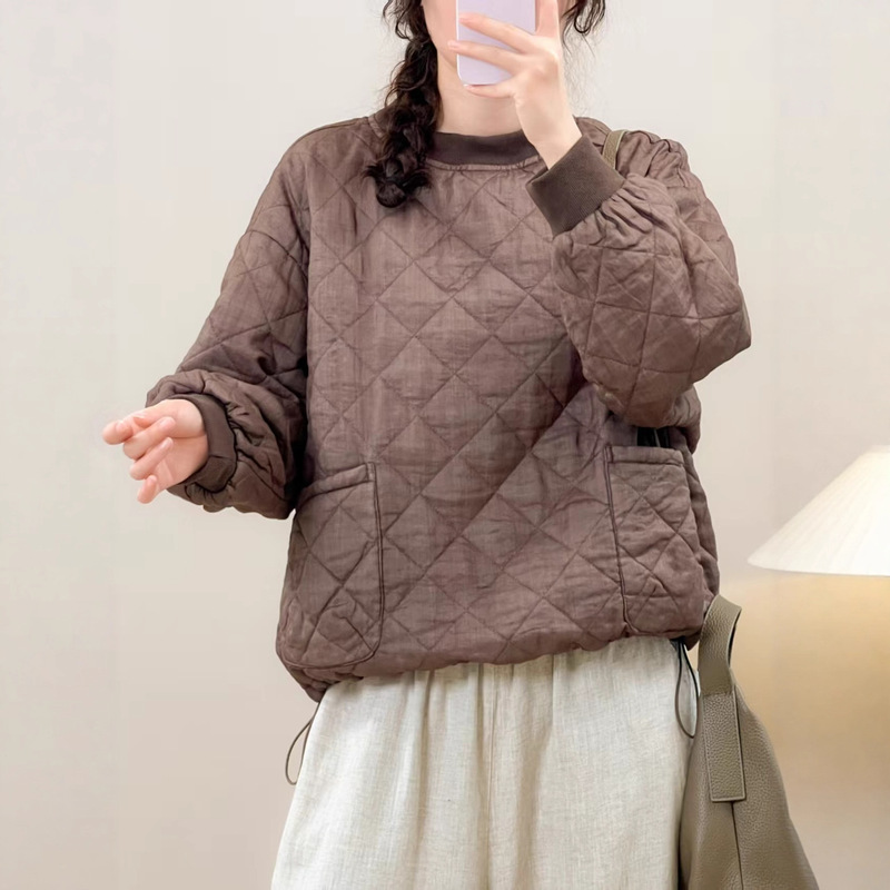 苎麻棉衣 2025冬季新款 文艺菱形格套头上衣女保暖外搭棉服99102|undefined