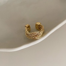 欧美复古 金属镀金编织个性简约冷淡风 气质缠绕麻花宽版开口戒指