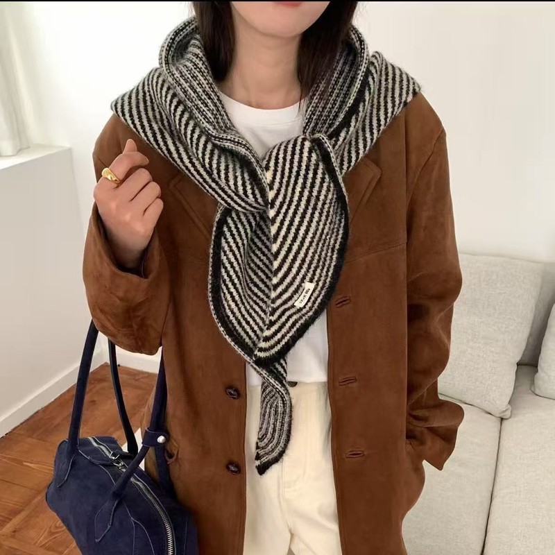 定 制款~韩系高级氛围感含羊毛秋冬季百搭撞色条纹围巾女保暖围脖|undefined