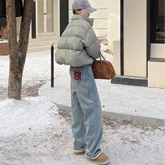 アメリカのレトロな刺繍のジーパンの女性の2025春夏の太った妹のmmの高い腰はゆったりしていて痩せています。