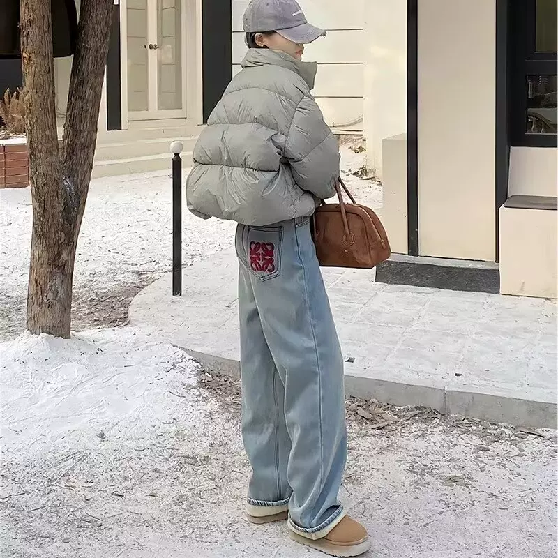 显瘦胖妹妹2025复古春夏美式mm高腰宽松直筒阔腿长裤牛仔裤女刺绣