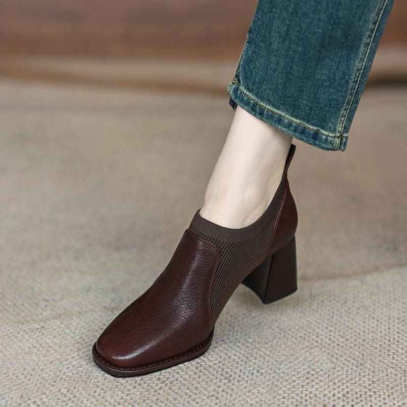 2024 New High Heel Shoes Women's Spring and Autumn Naked Boots Brown Knitted Deep Mouth Single-layer Shoes British-style Leather Shoes