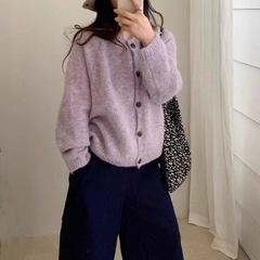 韩系高级感紫色针织外套女2025秋冬新款软糯宽松圆领女装毛衣开衫