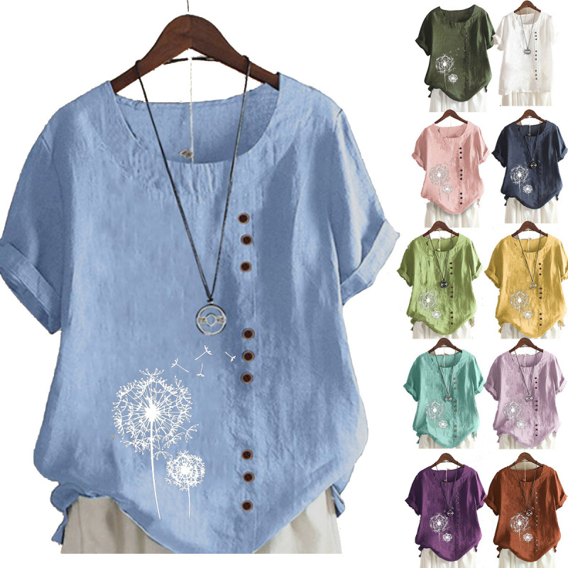 Aliexpress Foreign Trade Printed Buttoned Round Neck Cotton and Linen Top Floral T-Shirt Short-Sleeve Women's Clothing Artistic Retro Style Pullover Aliexpress Foreign Trade Printed Buttoned Round Neck Cotton and Linen Top Floral T-Shirt Short-Sleeve Women's Clothing Artistic Retro Style Pullover