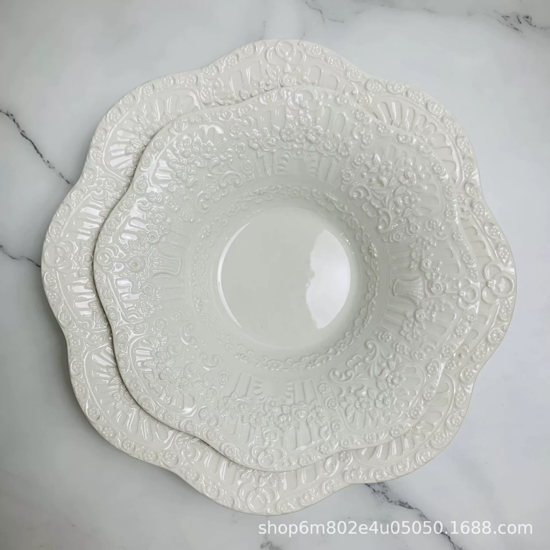 Round Dessert Plate (laba) embossed lace ceramic, retro European style, 6.5 and 8 inch
