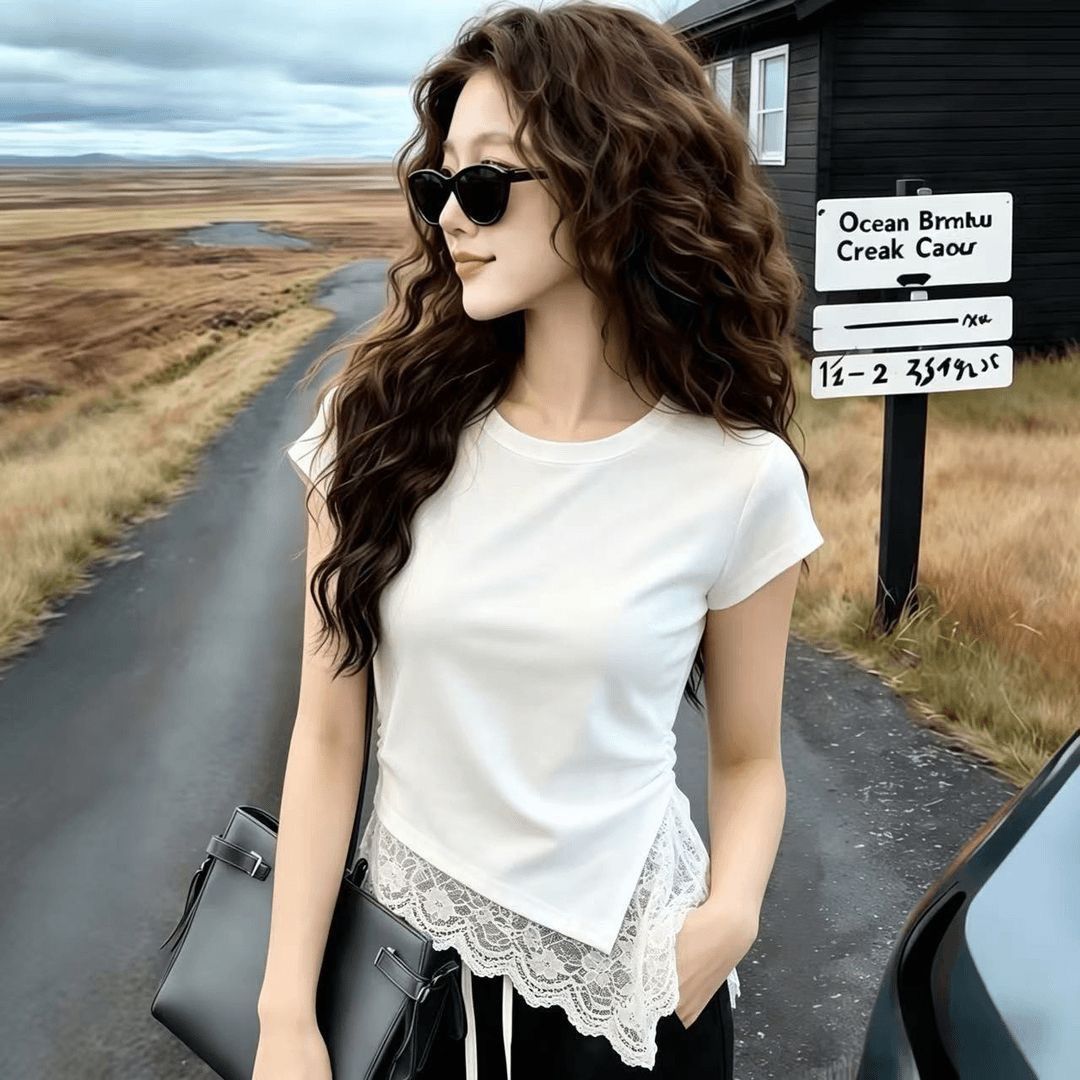 Summer Trendy New Fashion Short-Sleeve T-Shirt for Women, Youthful Design, Irregular Lace Top, Slimming Blouse, Women's Clothing 2