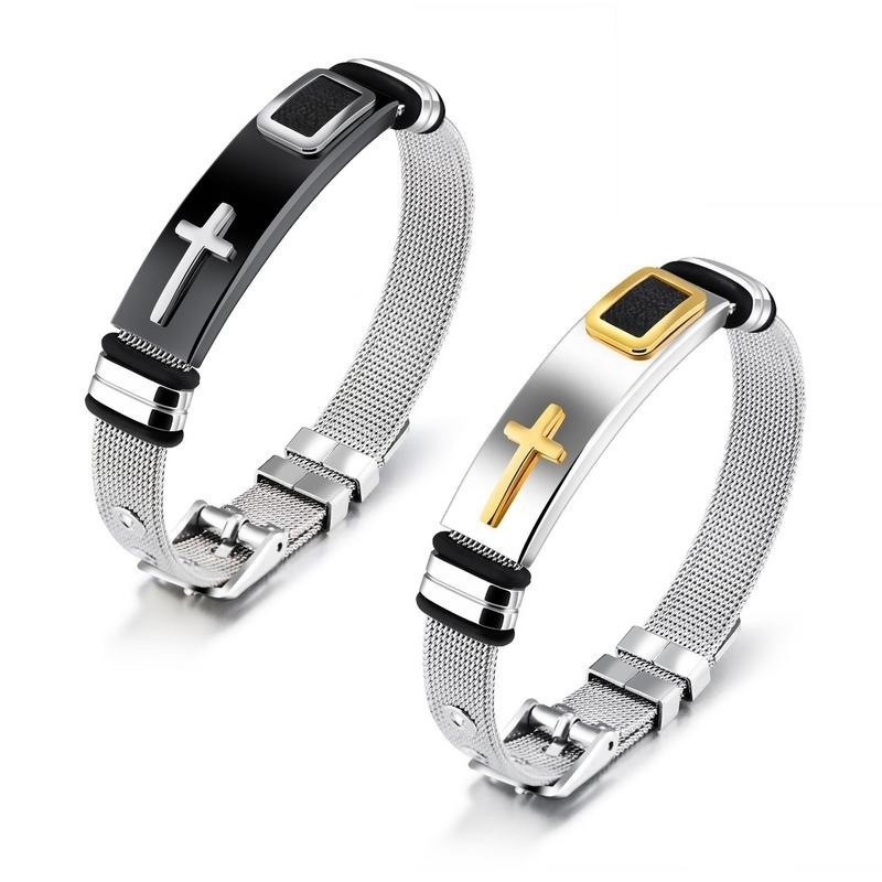 Cross-Border Temu Hot-Selling Stainless Steel Mesh Bracelet with Gold Cross-Shaped Design for Men, New Style Bracelet Jewelry