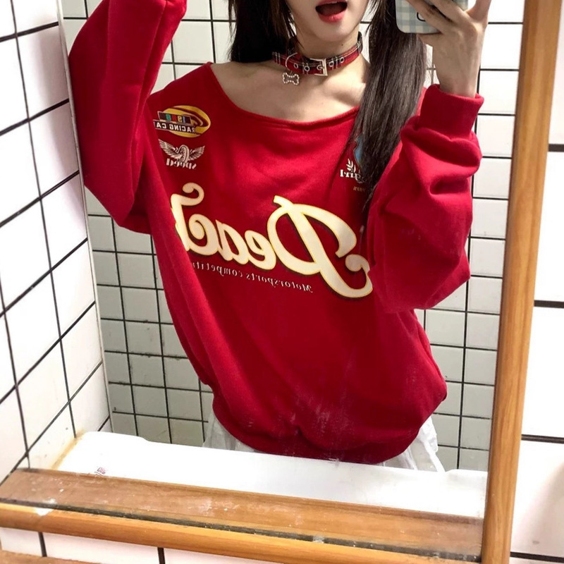 美式复古红色斜肩长袖卫衣女秋冬新款字母印花宽松辣妹露肩上衣潮|undefined
