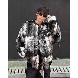 跨境潮流扎染外套男2024新版男款时尚保暖加厚羊羔皮草毛毛大衣潮