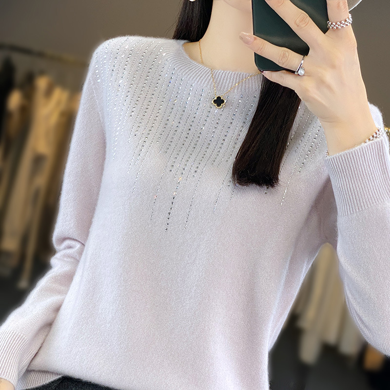 Ropa de primera línea sin costuras 2023 otoño e invierno nuevas mujeres cuello redondo Jersey de manga larga con lentejuelas camisa de fondo de punto Andy Velvet