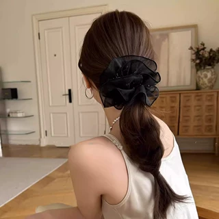 法式气质网纱水钻大肠发圈女2026新款高级感发绳扎头马尾皮筋头花