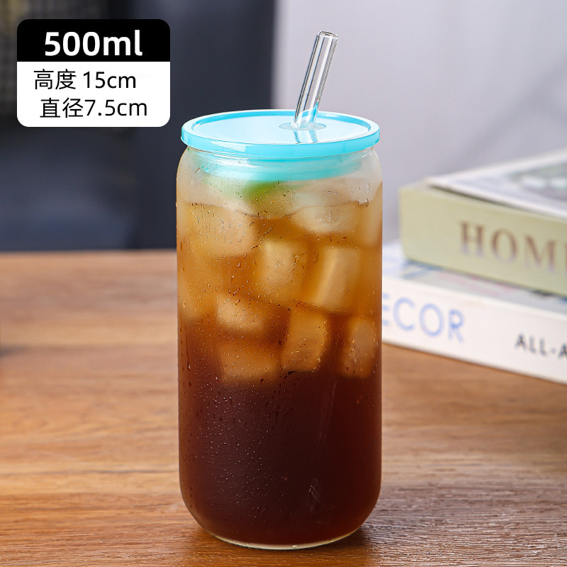 Amazon Cross-border 16oz taza de coco cubierta de bambú taza de pajita de vidrio de borosilicato de alto valor logotipo de impresión de taza de agua transparente de alto valor