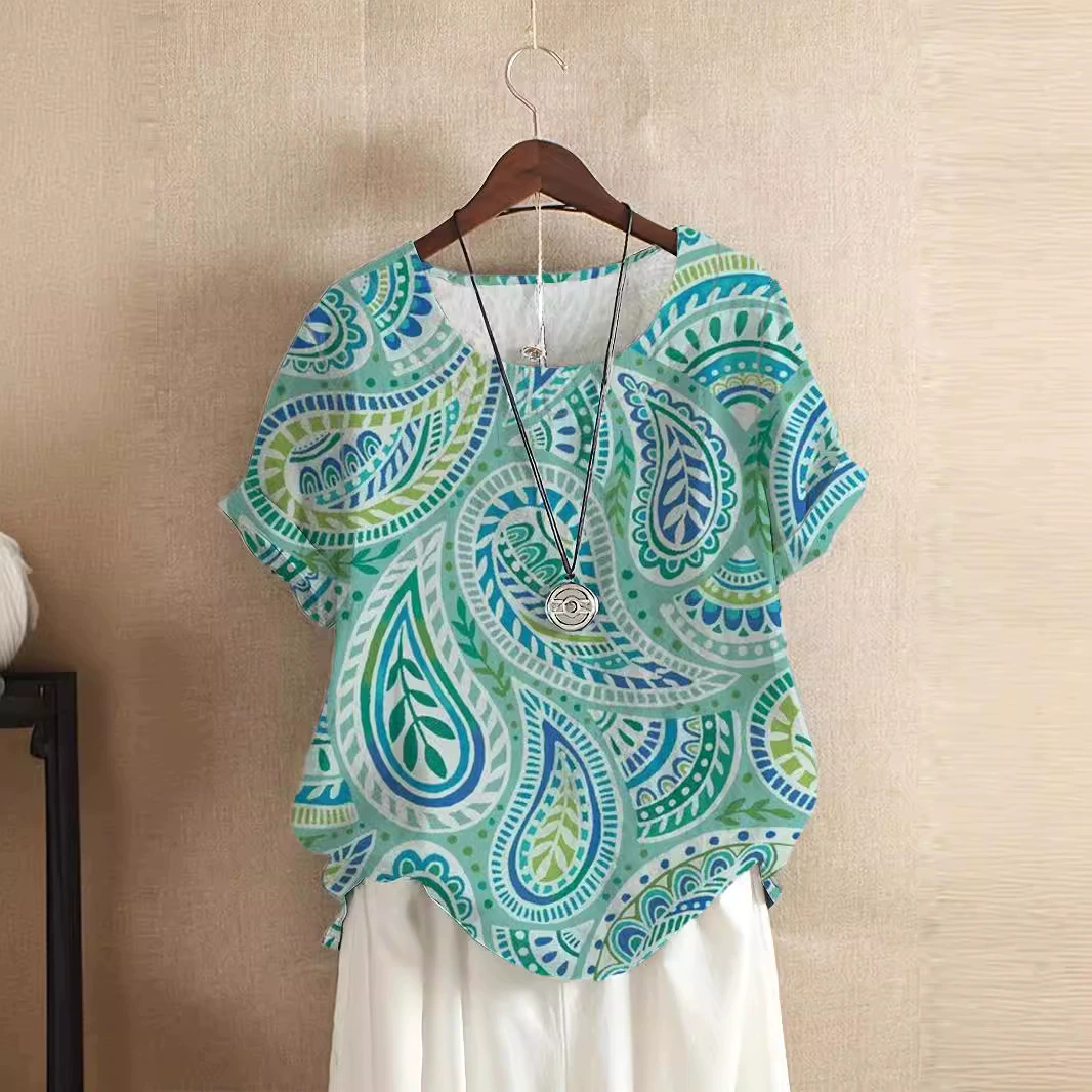Новый стиль большого размера повседневное свободное расслабление Пейсли с принтом с короткими рукавами футболка свободная женская одежда