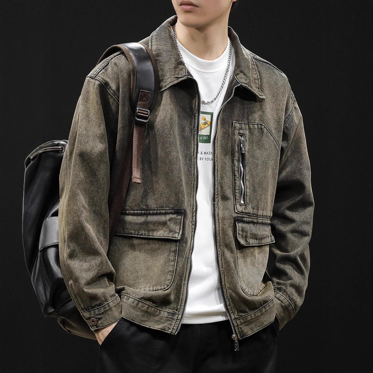 Vintage High-End Denim Jacket for Men 2026 Autumn and Winter New Style Multi-Pocket Trendy Brand Plus-Size Men's Workwear Jacket Trendy