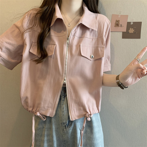 Polo-collared double zipper work-style short-sleeve shirt summer women's American short-length turnover collar jacket top
