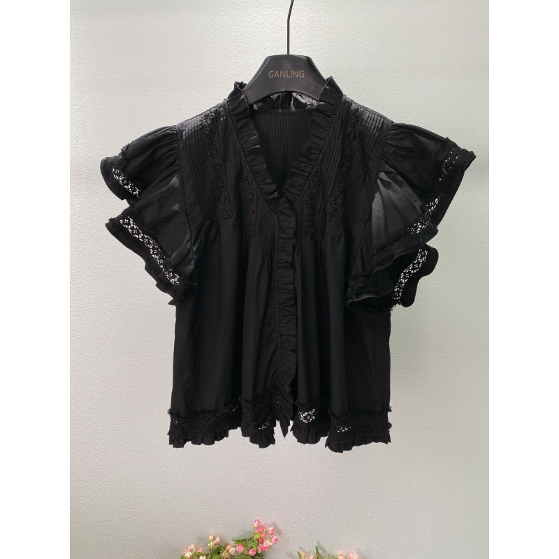 French-Style Retro 2026 New Black Lace Flutter Sleeve Shirt, Niche V-Neck Ruffled Elegant Short-Sleeve Top
