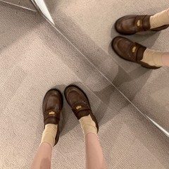 现货当天秒发~张元英同款~金币粗跟懒人一脚蹬乐福单鞋女小皮鞋