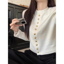 小香风设计感立领长袖针织开衫女春季复古显瘦洋气金属扣短款上衣