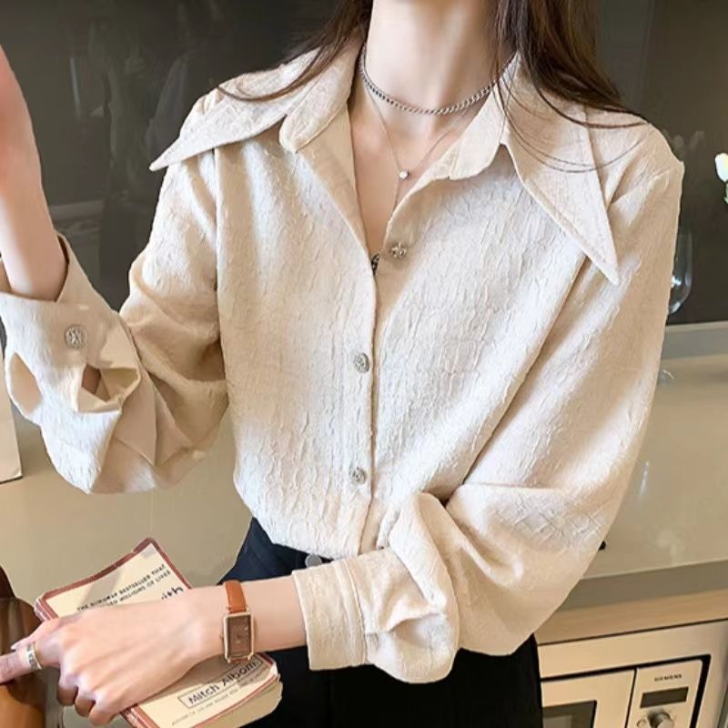 Plus Size Pointed Collar Shirt for Fat Girls in Spring & Fall Chiffon Design Loose Long-Sleeved Versatile Layered White Bottoming Shirt