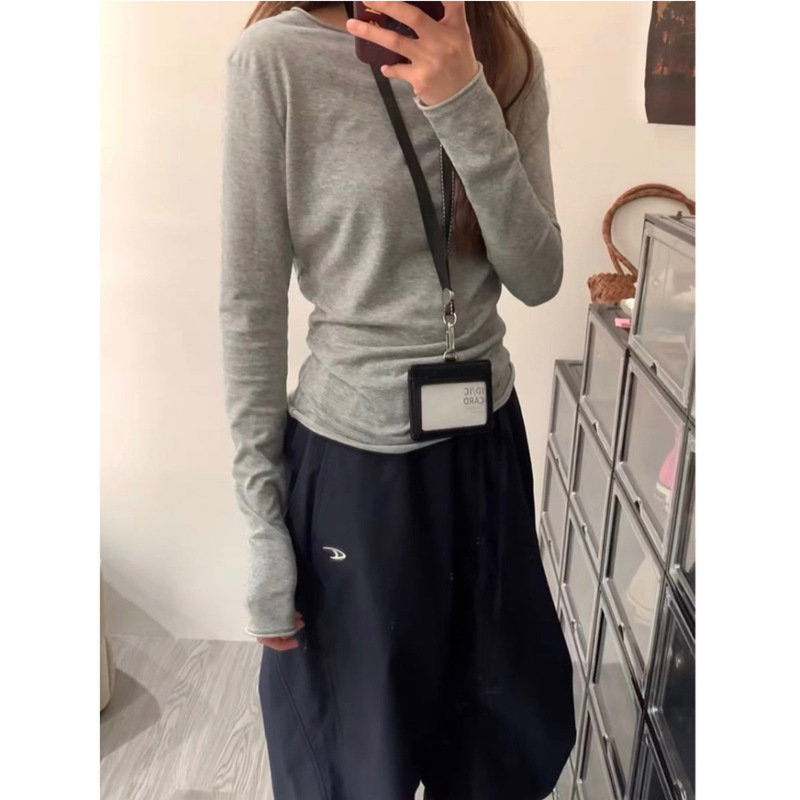 批发灰色卷边长袖T恤女2026早秋季新款韩系穿搭薄款打底罩衫上衣
