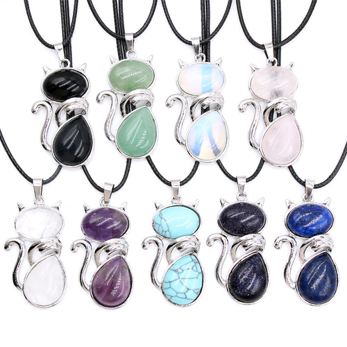 Natural Stone White Crystal Rose Quartz Amethyst Inlaid Cat Multi-color Pendant Cute Pet Necklace New Arrival for Foreign Trade