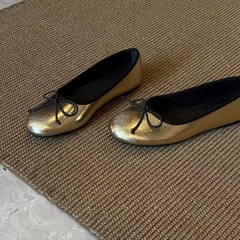 シープスキン【バレエ】万能ラウンドトゥバレエシューズ、リボン浅口フラットシューズ、ソフトソールスモールレザーシューズ
