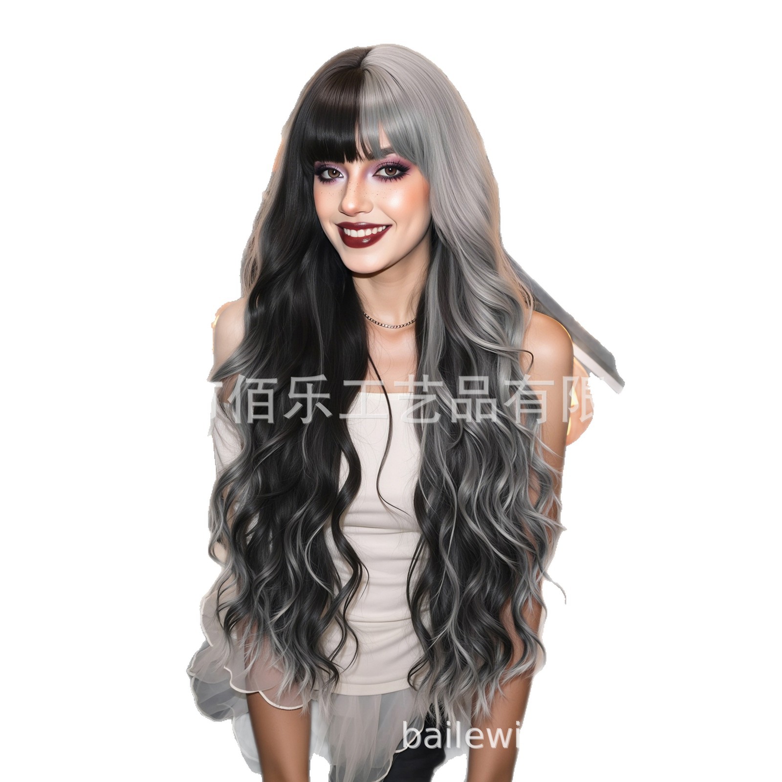 Perucas grises negras, rizos largos, cubierta de cabeza completa, Halloween, cos fibra química, cabello femenino, Europa y América en stock.