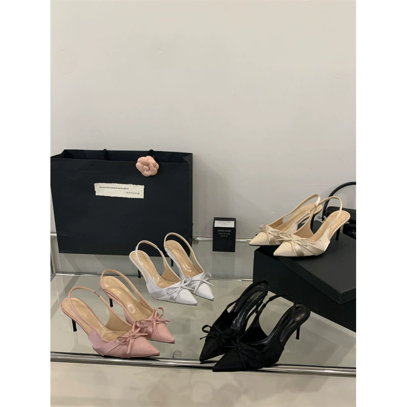 2025 новый стиль 7 см туфли на высоком каблуке с тонкими каблуками, бантом, острым носком и открытой пяткой для женщин на лето