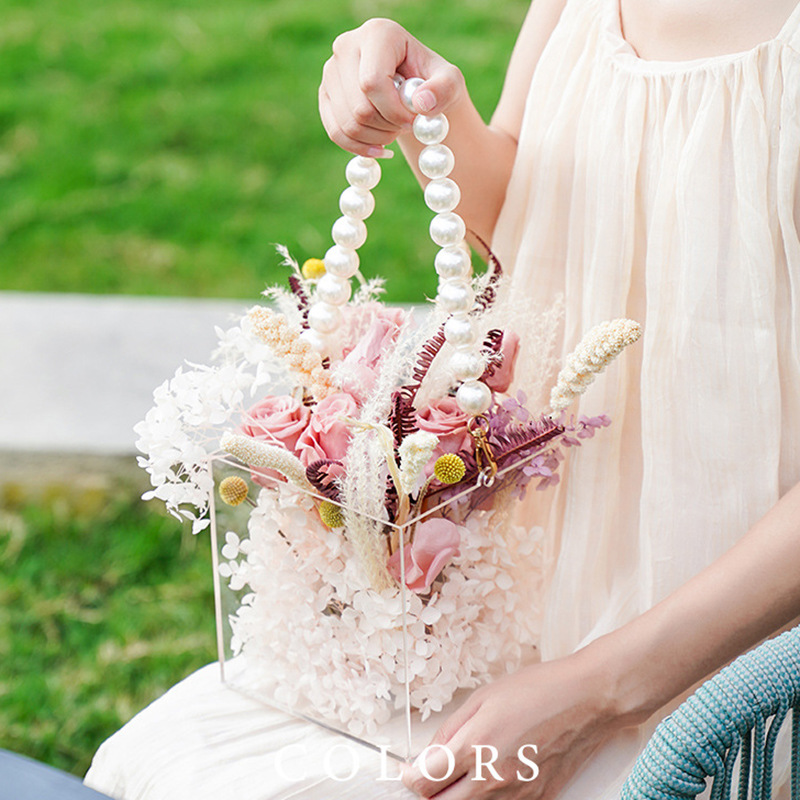 Caja de regalo acrílica de mano de perlas portátil damas de honor de boda regalo de flores de perlas portátiles