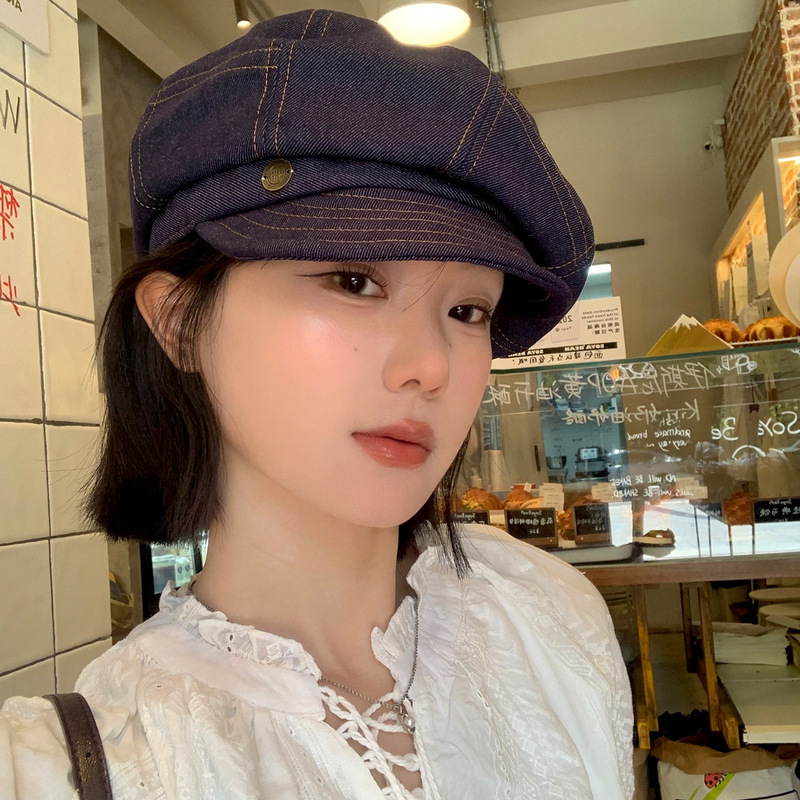 日系复古文艺水洗牛仔贝雷帽女气质休闲大头围显脸小八角画家帽子|undefined