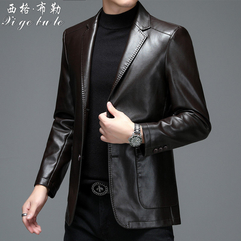 春秋季海宁皮衣男绵羊皮西服夹克修身休闲单皮西装外套薄款潮