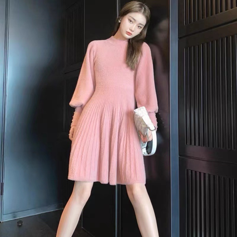 女装仿水貂毛衣裙女2025秋装法式复古洋气内搭外穿针织打底连衣裙|undefined