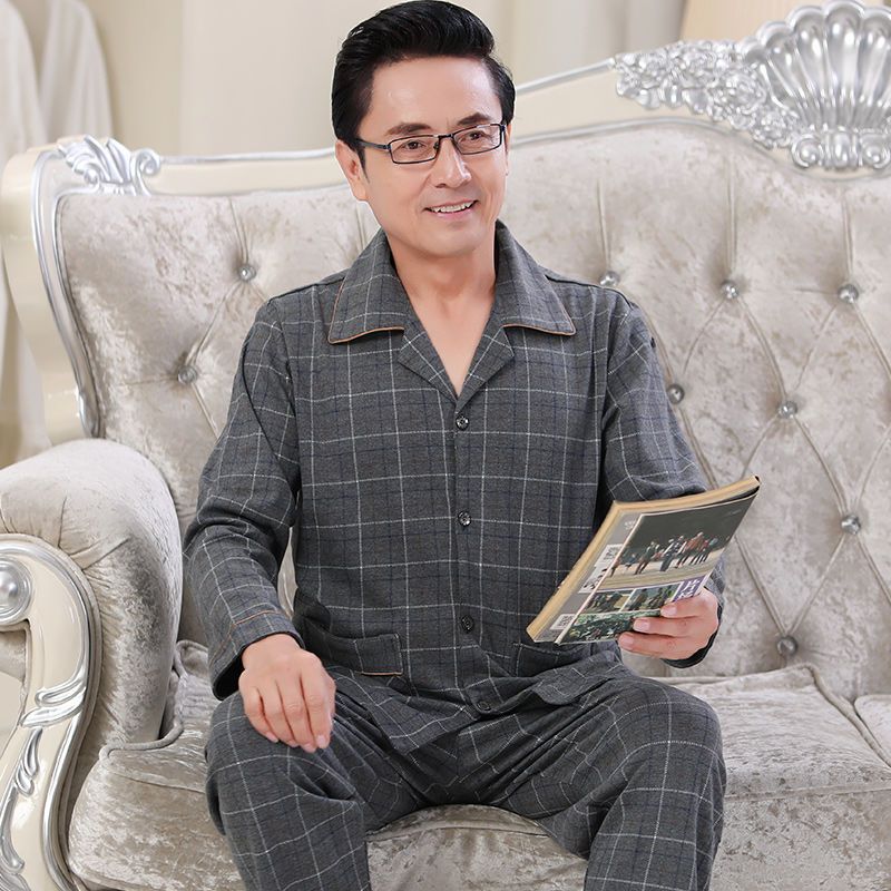 Pijamas hombres primavera y otoño manga larga 100% algodón de mediana edad y ancianos papá algodón más tamaño traje de desgaste para el hogar de los hombres