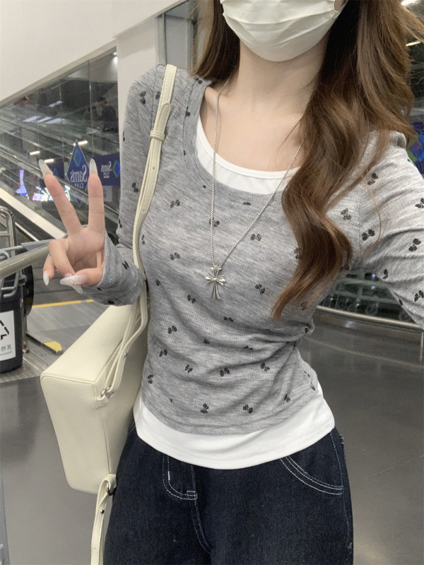 韩系假两件印花长袖T恤衫女2025秋季新款设计感收腰显瘦百搭上衣|undefined